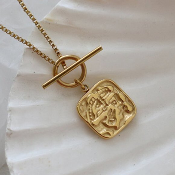 18K Gold Plated Circle Bar Square Pendant Necklace - Picture 8 of 11